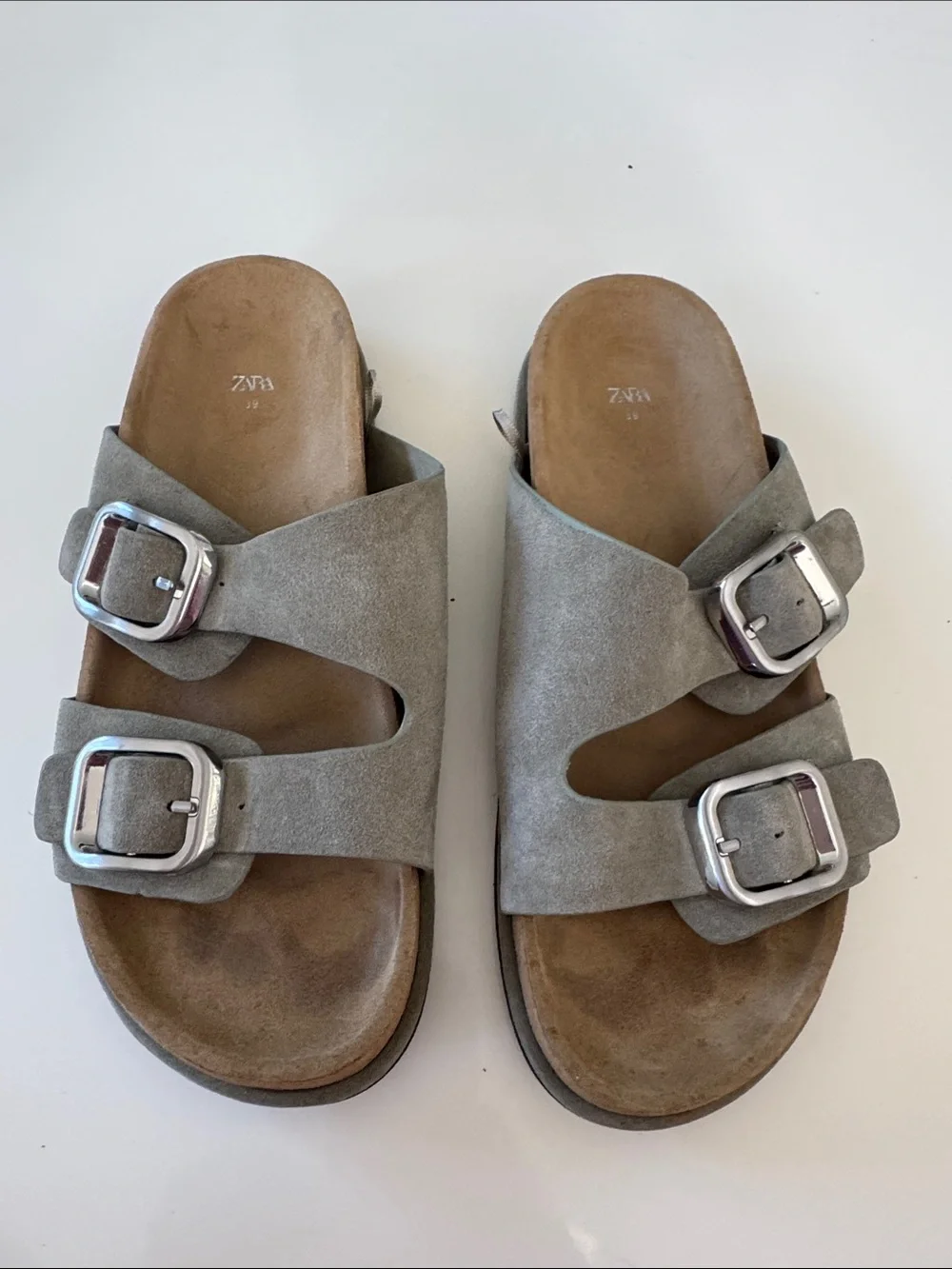 Zara Taupe  Suede Double Buckle Slide Sandals - size 39 - Picture 6 of 8